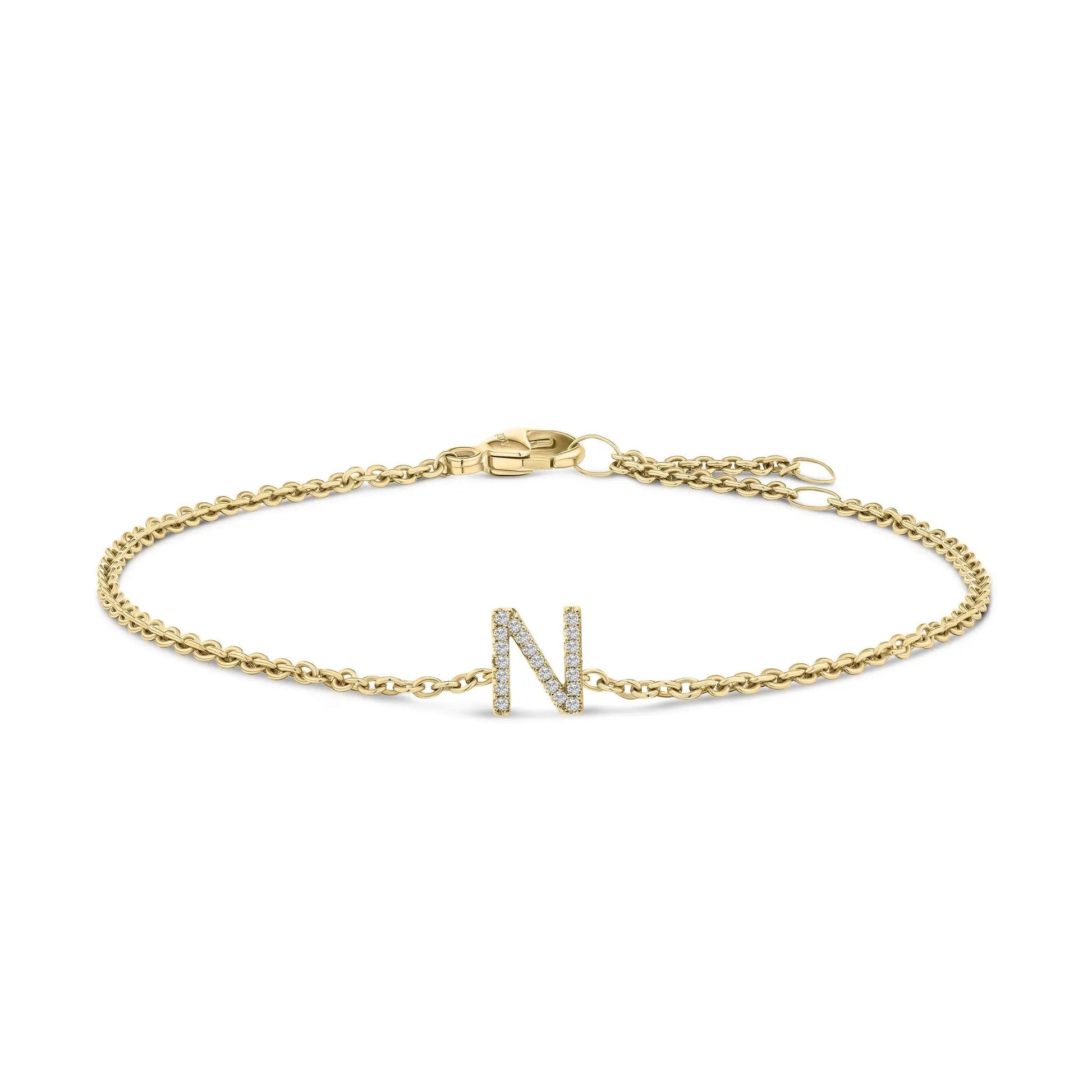 10K white gold link bracelet with a diamond-studded N initial charm on a gold chain on Tampa Home & Garden Store