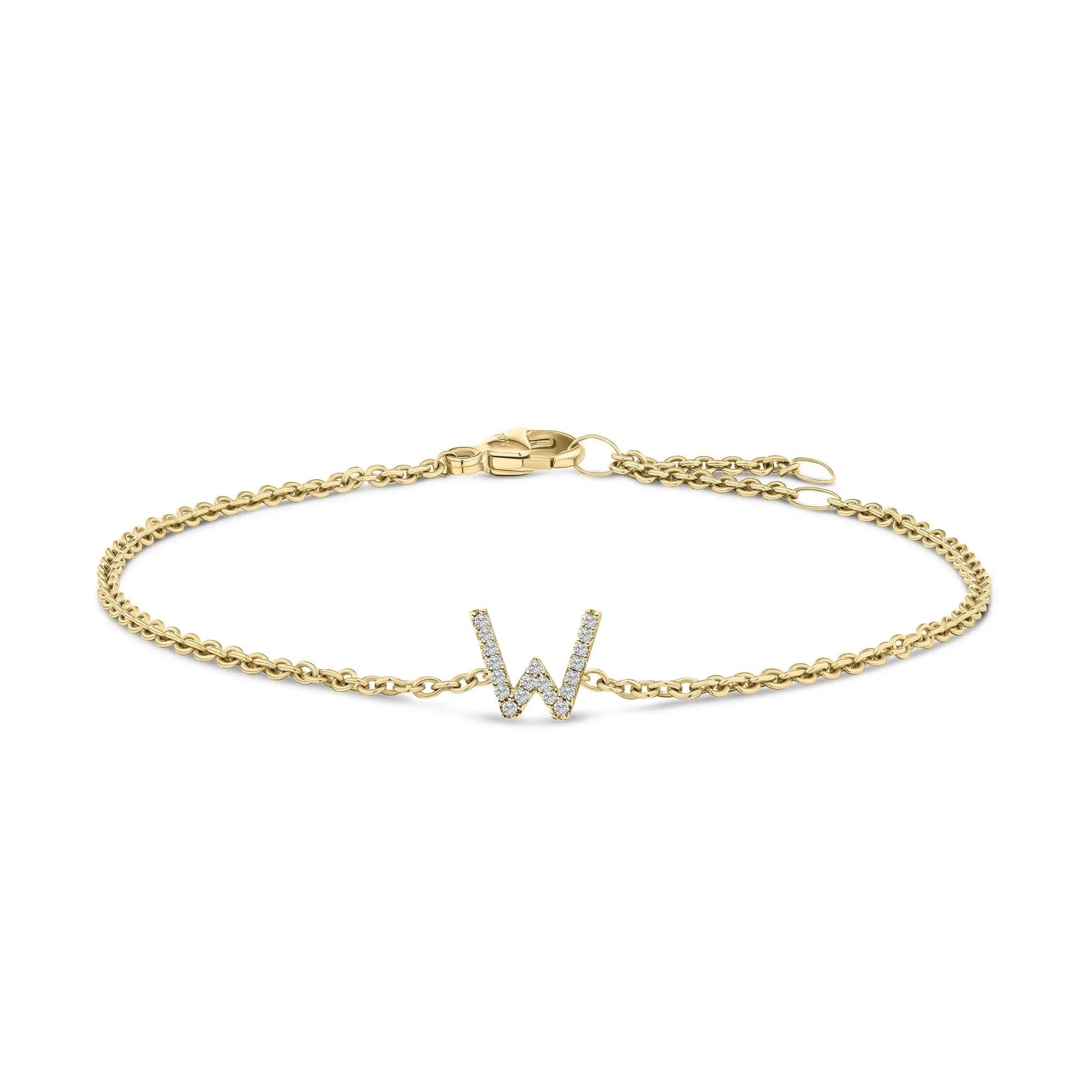 Bracelet gold-tone link chain with diamond-studded initial charm W on Tampa Home & Garden Store