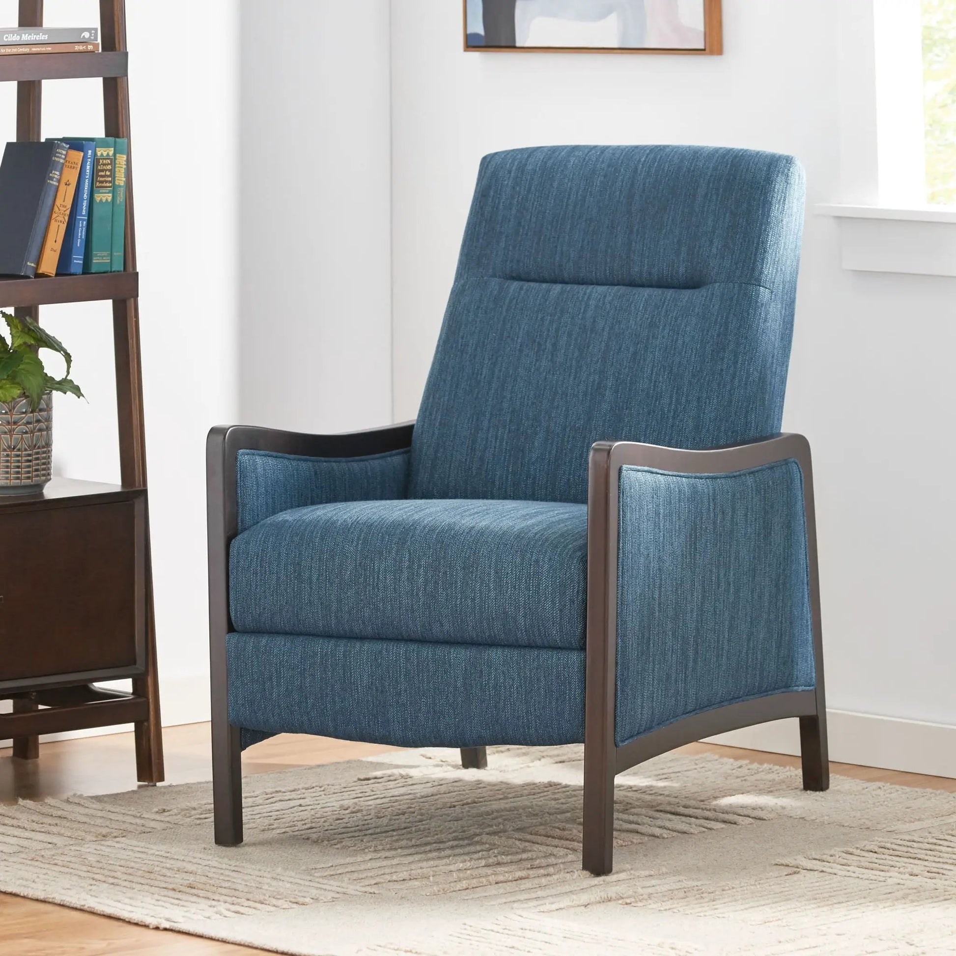 Drury Contemporary Fabric Upholstered Pushback Recliner blue fabric with dark wood two chairs on Tampa Home & Garden Store