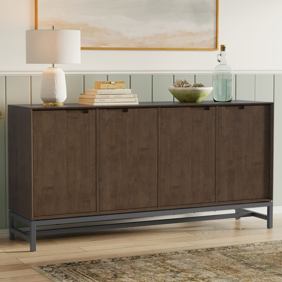 Banting Sideboard Buffet in dark rubberwood with metal frame; decor includes lamp and books on Tampa Home & Garden Store