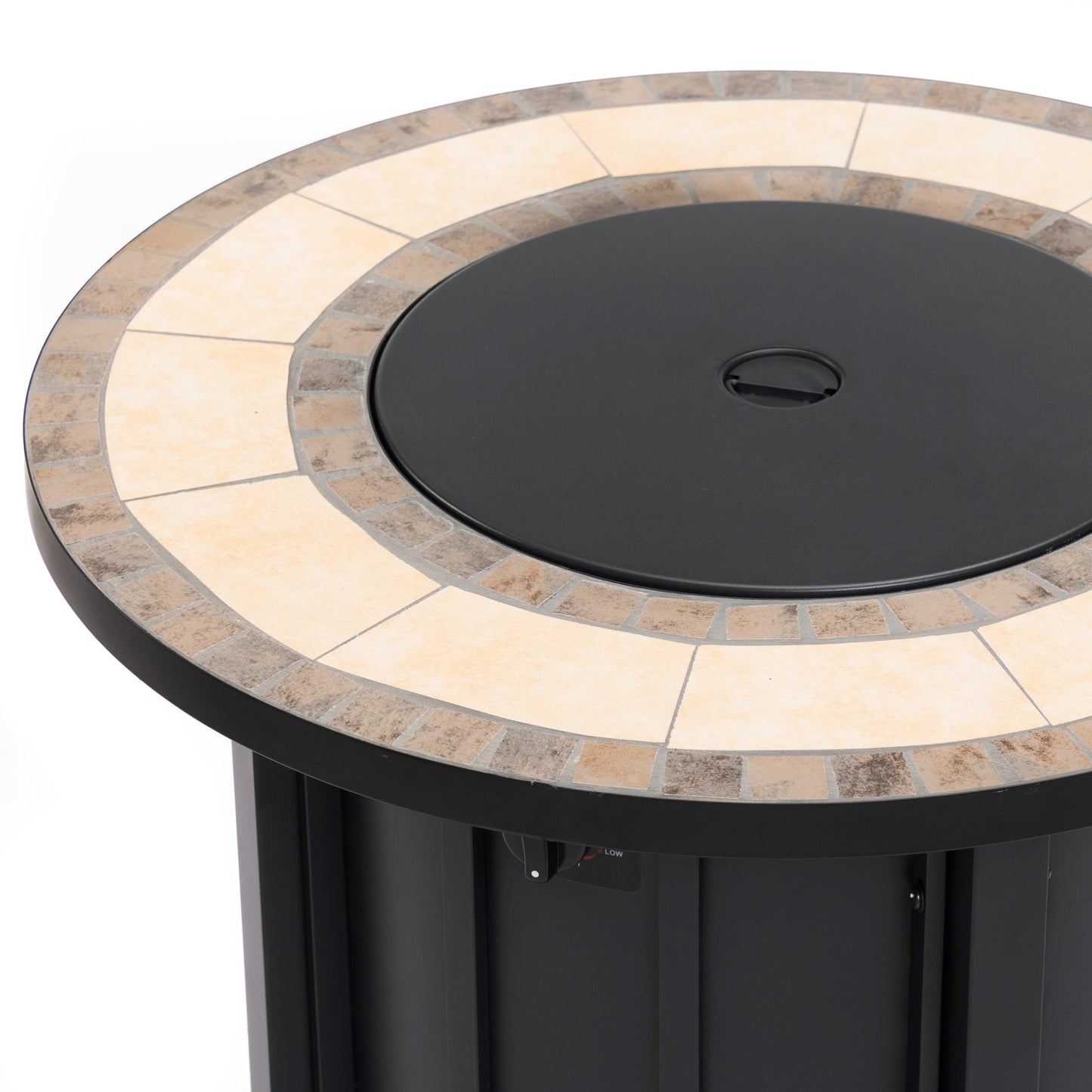 Round 30in propane fire pit table with mosaic ceramic top beige and brown tones, black base on Tampa Home & Garden Store