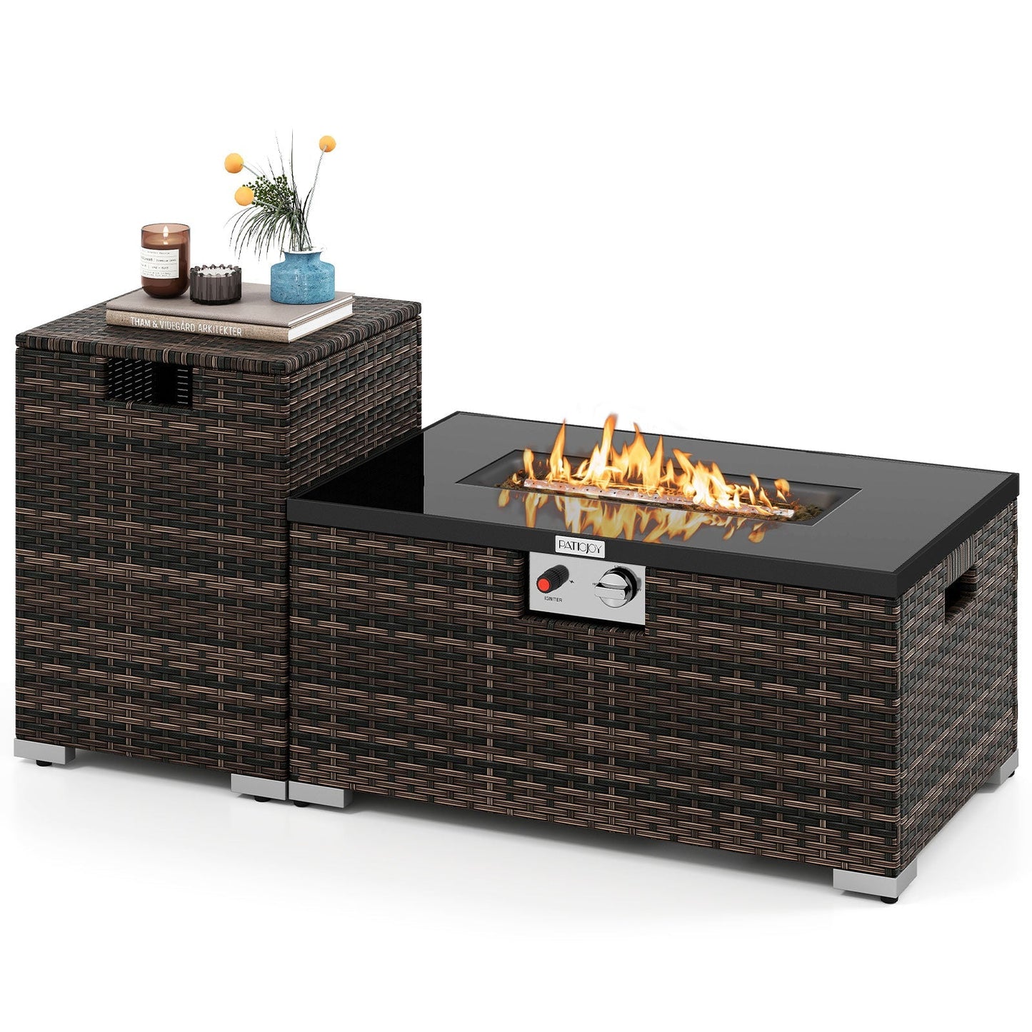 2-Piece rattan fire table set with 32in gas fire pit and tank cover in brown wicker LJGDeals on Tampa Home & Garden Store