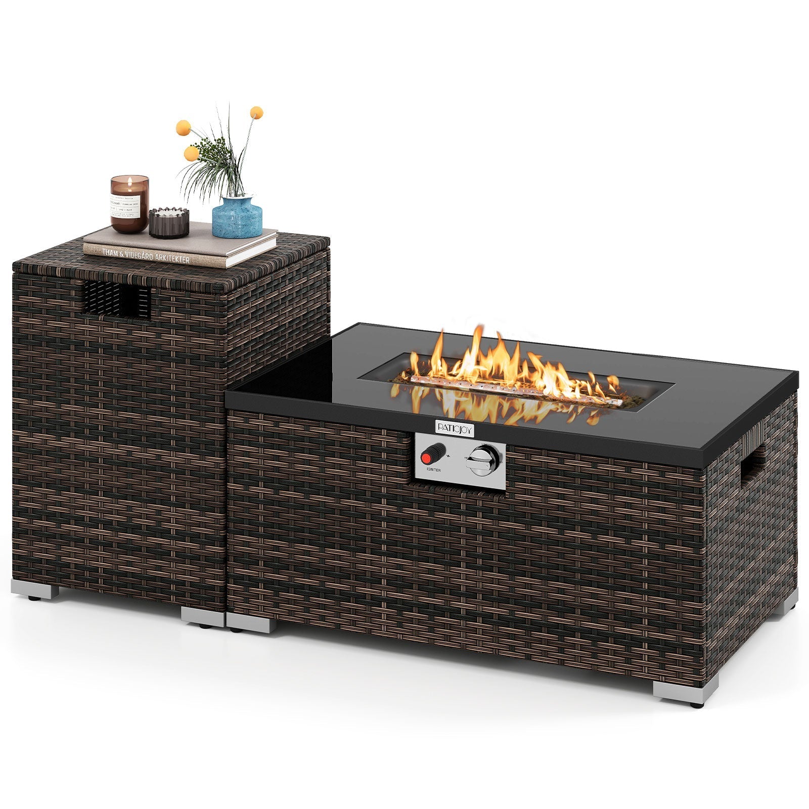 2-Piece rattan fire table set with 32in gas fire pit and tank cover in brown wicker LJGDeals on Tampa Home & Garden Store