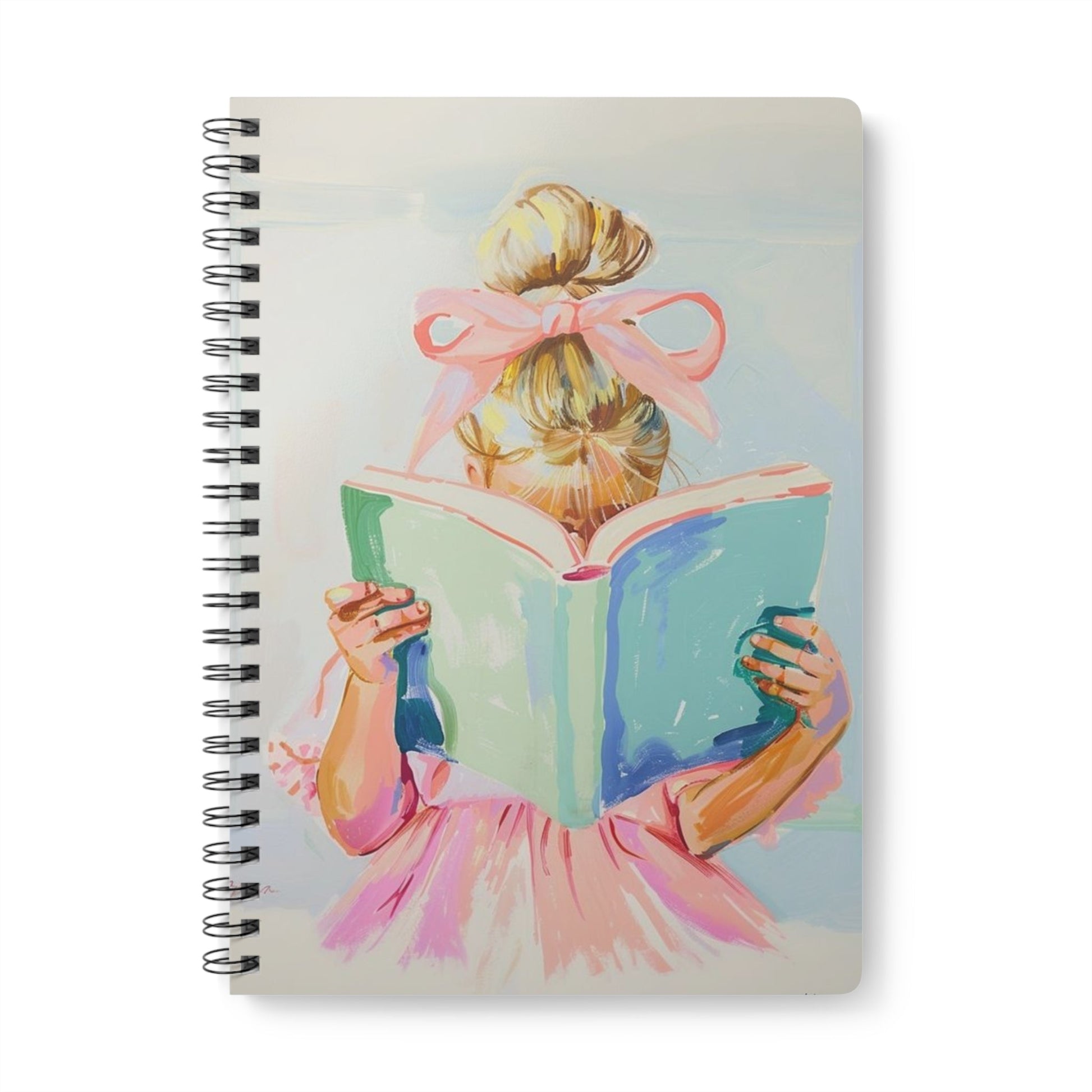 A5 wirobound notebook with girl-reading illustration, pastel cover, Mai Autumn notepad on Tampa Home & Garden Store
