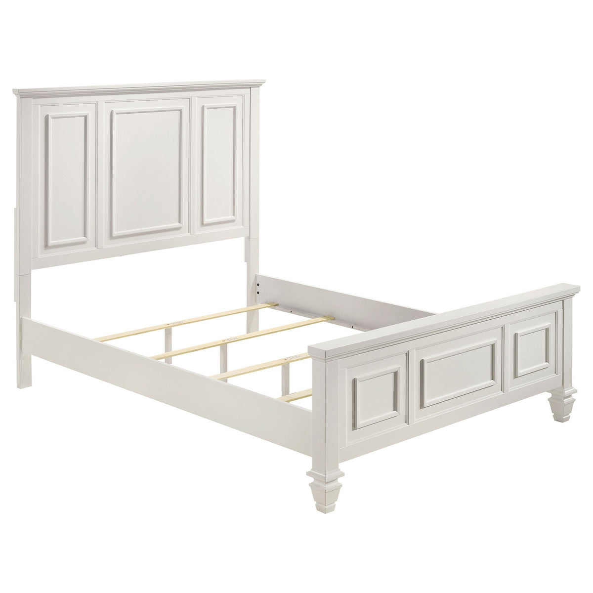 White Queen Panel Bed with a tall structured headboard of framed panels and visible slats on Tampa Home & Garden Store