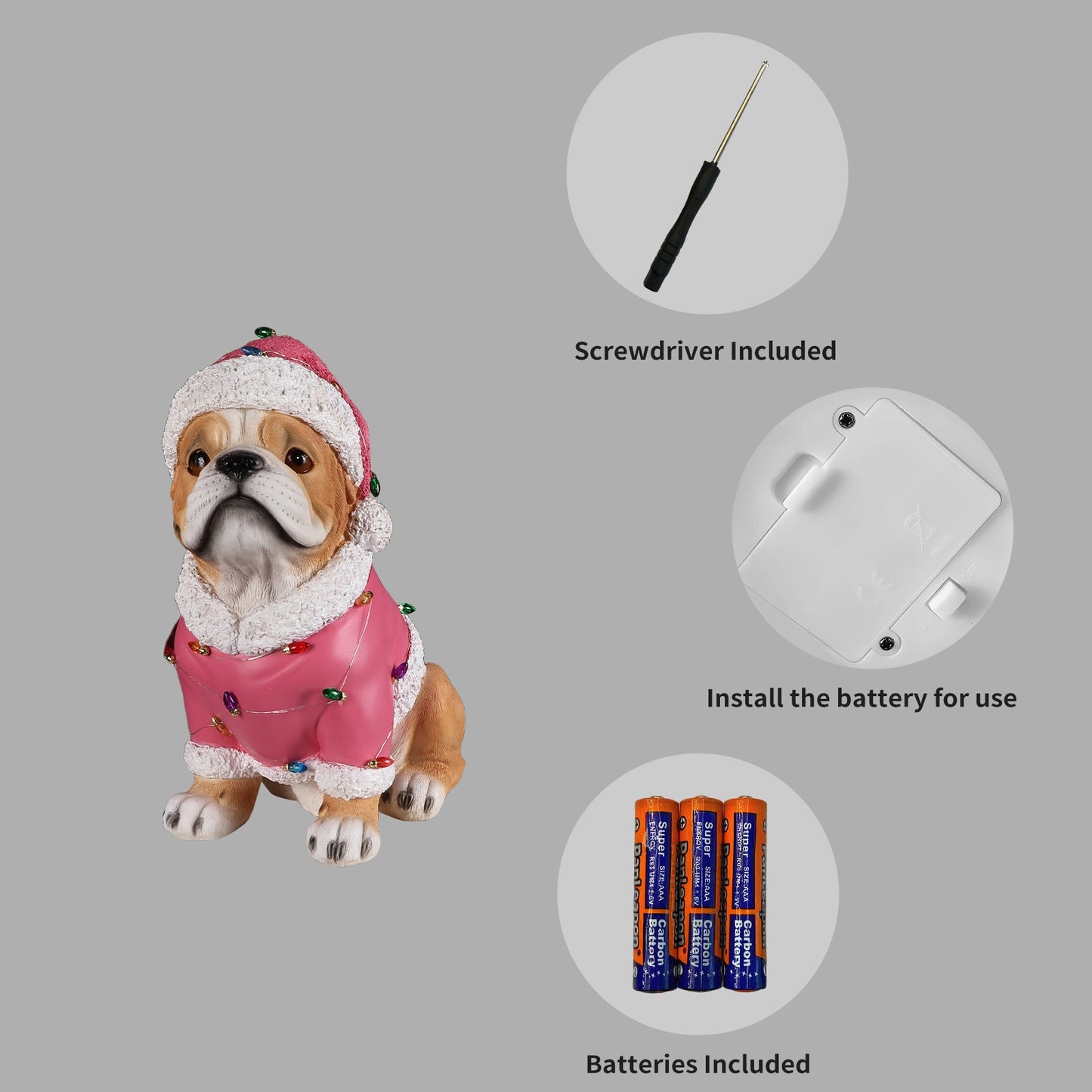 Christmas Pug Statue pink festive outfit Santa hat with string lights by HouseOfZazla on Tampa Home & Garden Store