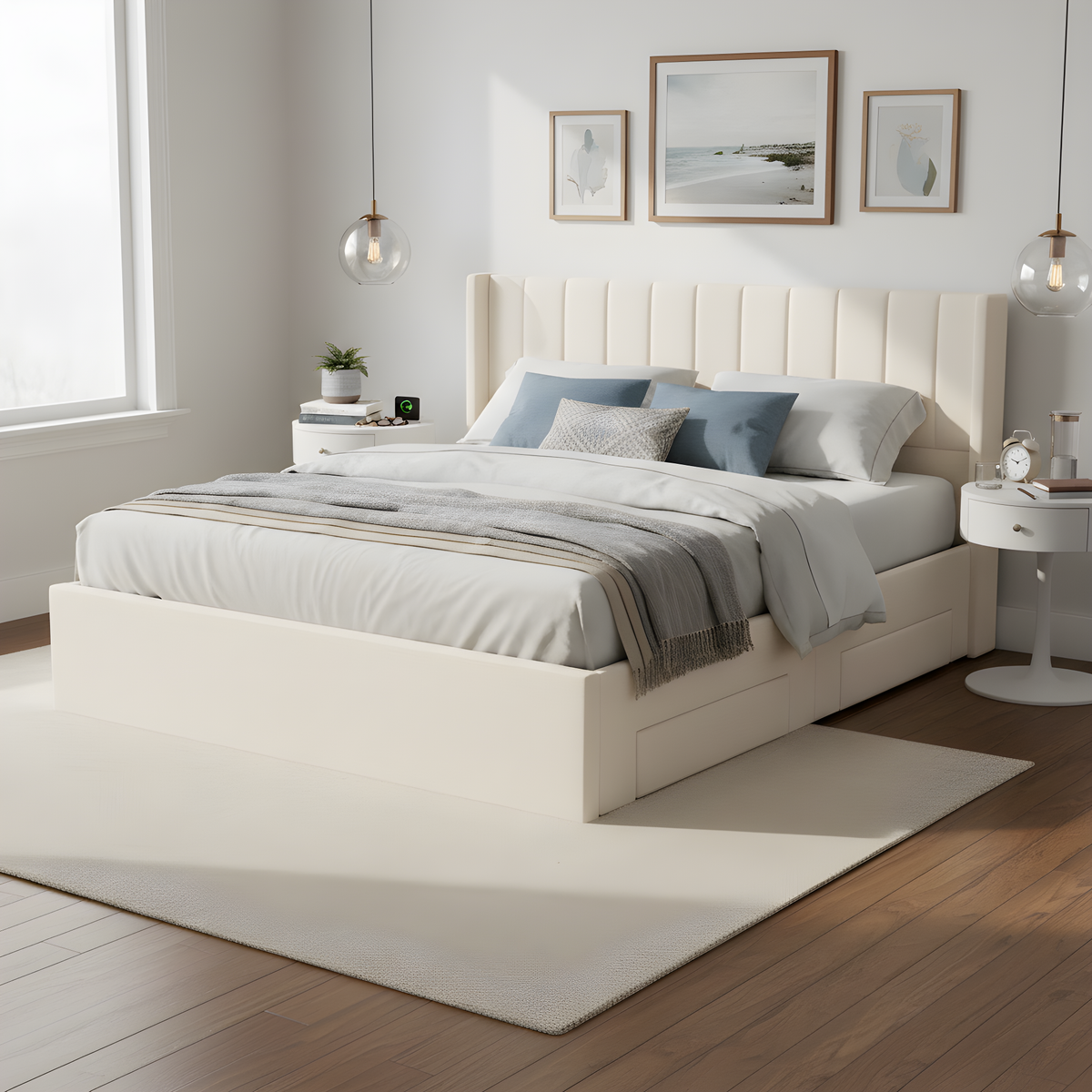 Large-Capacity Upholstered Storage Bed with Drawers cream headboard by HouseOfZazla on Tampa Home & Garden Store