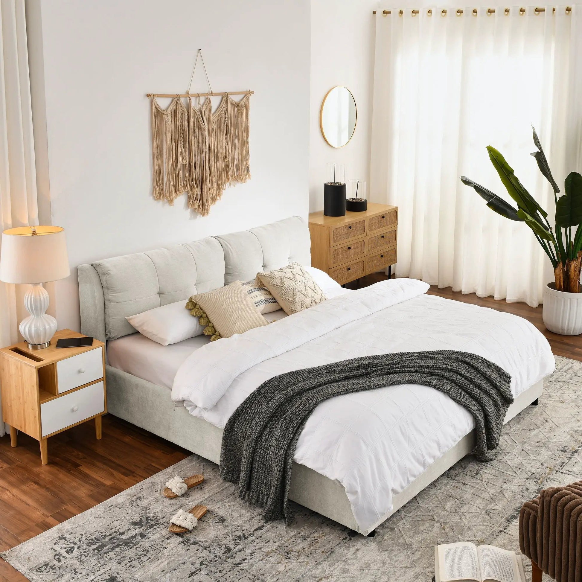 Storage upholstered hydraulic platform bed with integrated headboard in light gray fabric on Tampa Home & Garden Store
