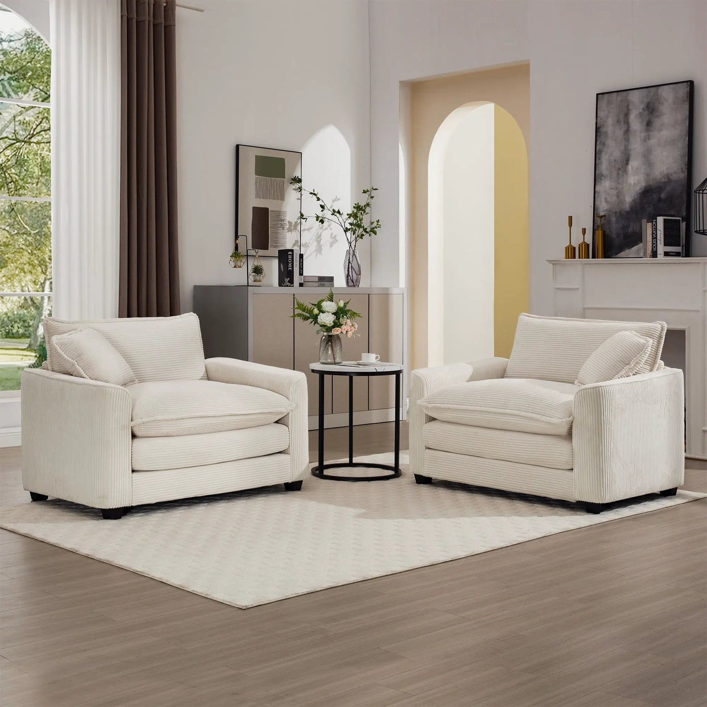 Modern Classic Fabric Arm Chair Deep Seat Sofa With Pillow ivory upholstery pair of chairs on Tampa Home & Garden Store