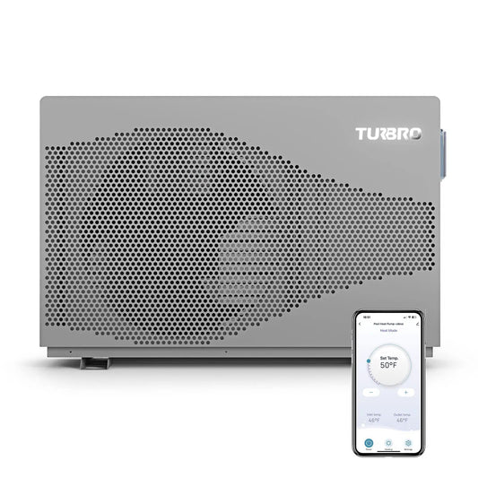 TURBRO Beluga inverter pool heat pump gray metal body with perforated front grille app control on Tampa Home & Garden Store