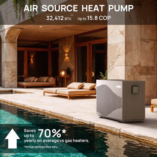 Beluga inverter pool heat pump by TURBRO, gray outdoor unit with digital display near pool on Tampa Home & Garden Store
