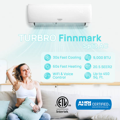 Aire acondicionado minisplit Finnmark de 9000 BTU con WiFi y bomba de calor, sin conductos, 115 V/230 V (R32)