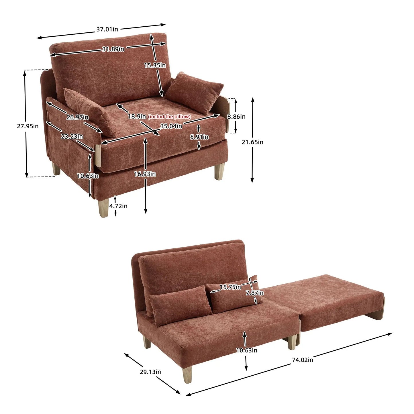 Mid Century Modern Foldable Sofa Bed, 3 Pillows