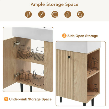 Bathroom vanity with white ceramic sink on light oak cabinet; under-sink and side storage on Tampa Home & Garden Store