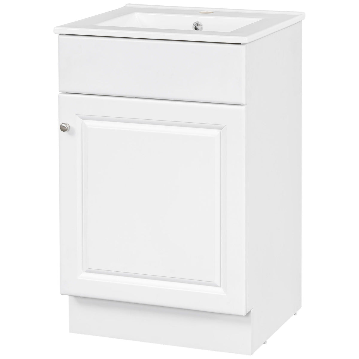 White bathroom vanity with sink and adjustable shelf, chrome knob on Tampa Home & Garden Store
