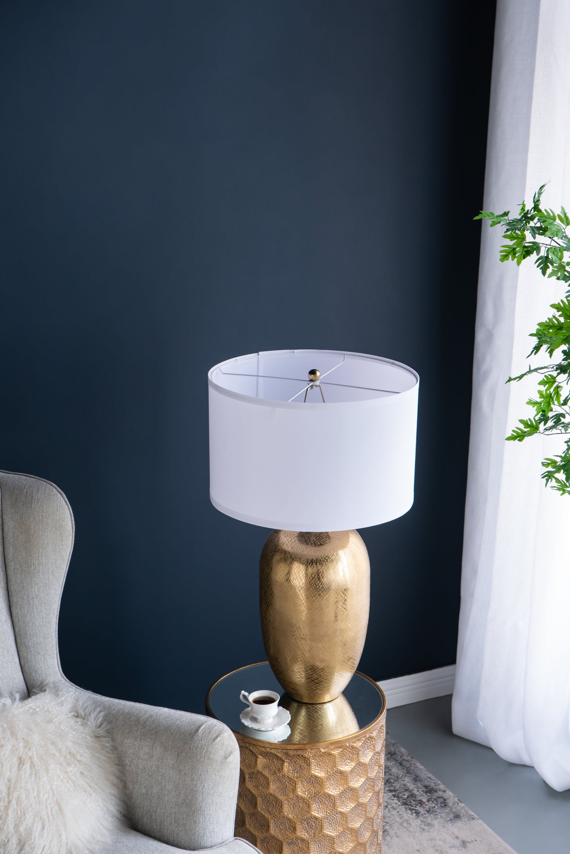 Table lamp D18x31in round aluminum gold with white fabric shade by HouseOfZazla on Tampa Home & Garden Store