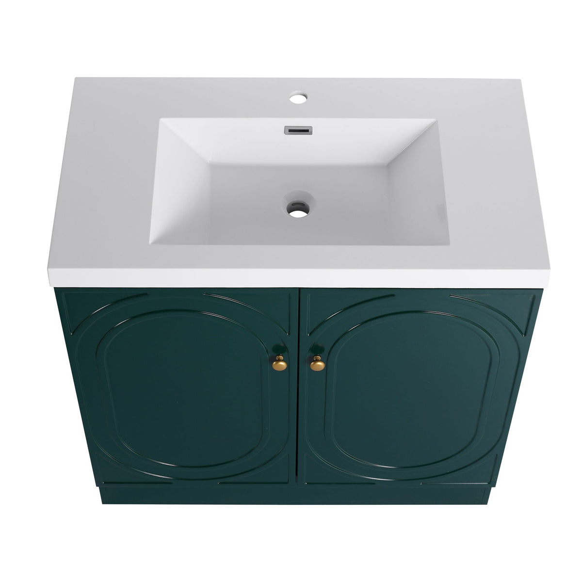 Vanity with resin sink; gray top and green two-door cabinet with gold knobs HouseOfZazla on Tampa Home & Garden Store