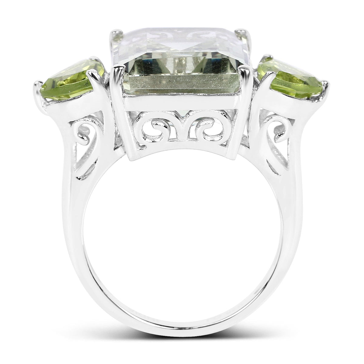 Sterling silver ring with center green amethyst and two peridot stones scrollwork shoulders on Tampa Home & Garden Store