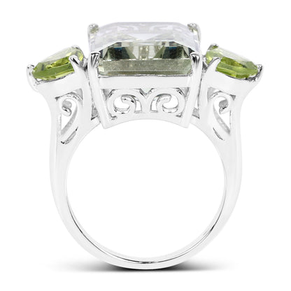 Sterling silver ring with center green amethyst and two peridot stones scrollwork shoulders on Tampa Home & Garden Store