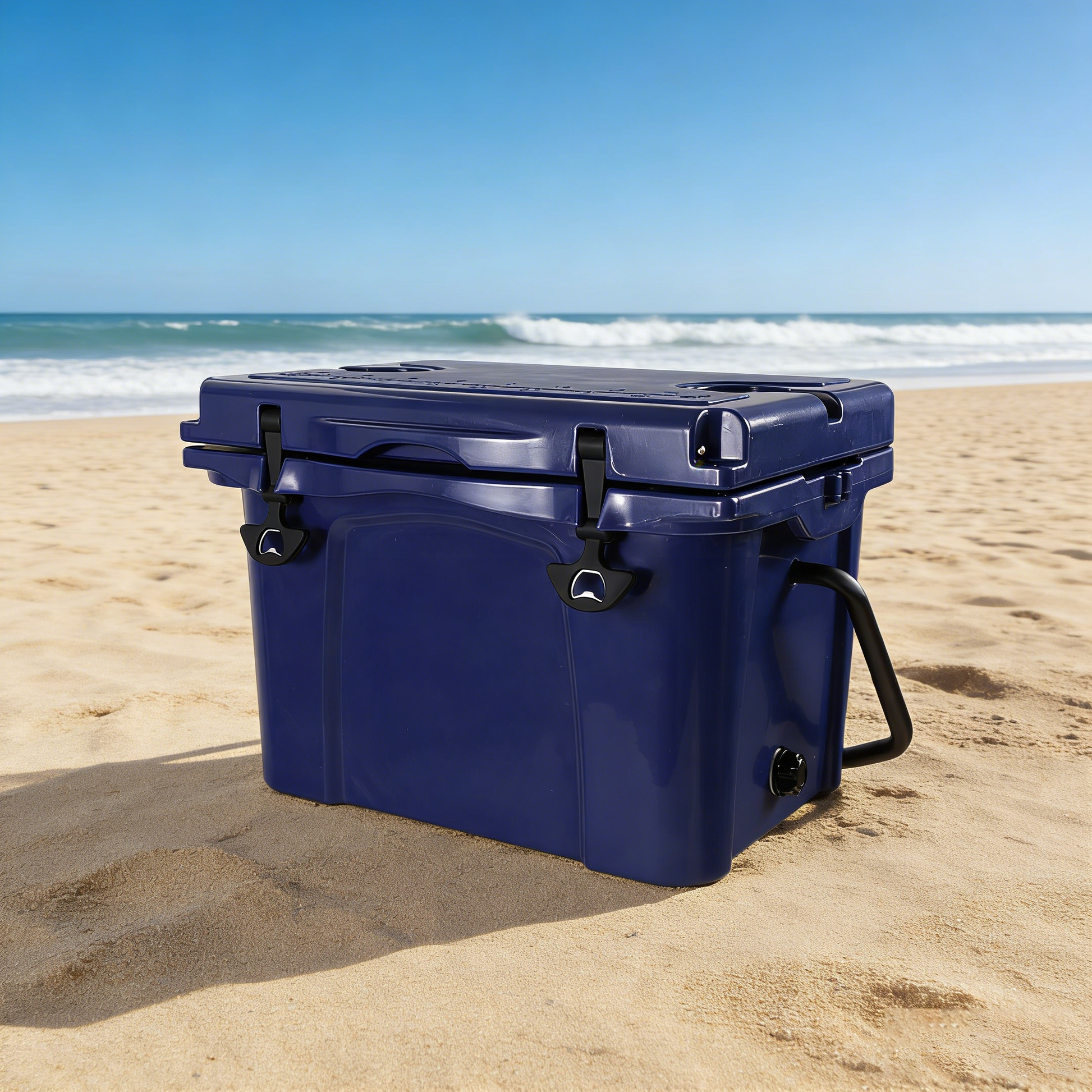 Blue 25QT Portable Cooler with Extended Ice Retention by HouseOfZazla stacked on sandy beach on Tampa Home & Garden Store