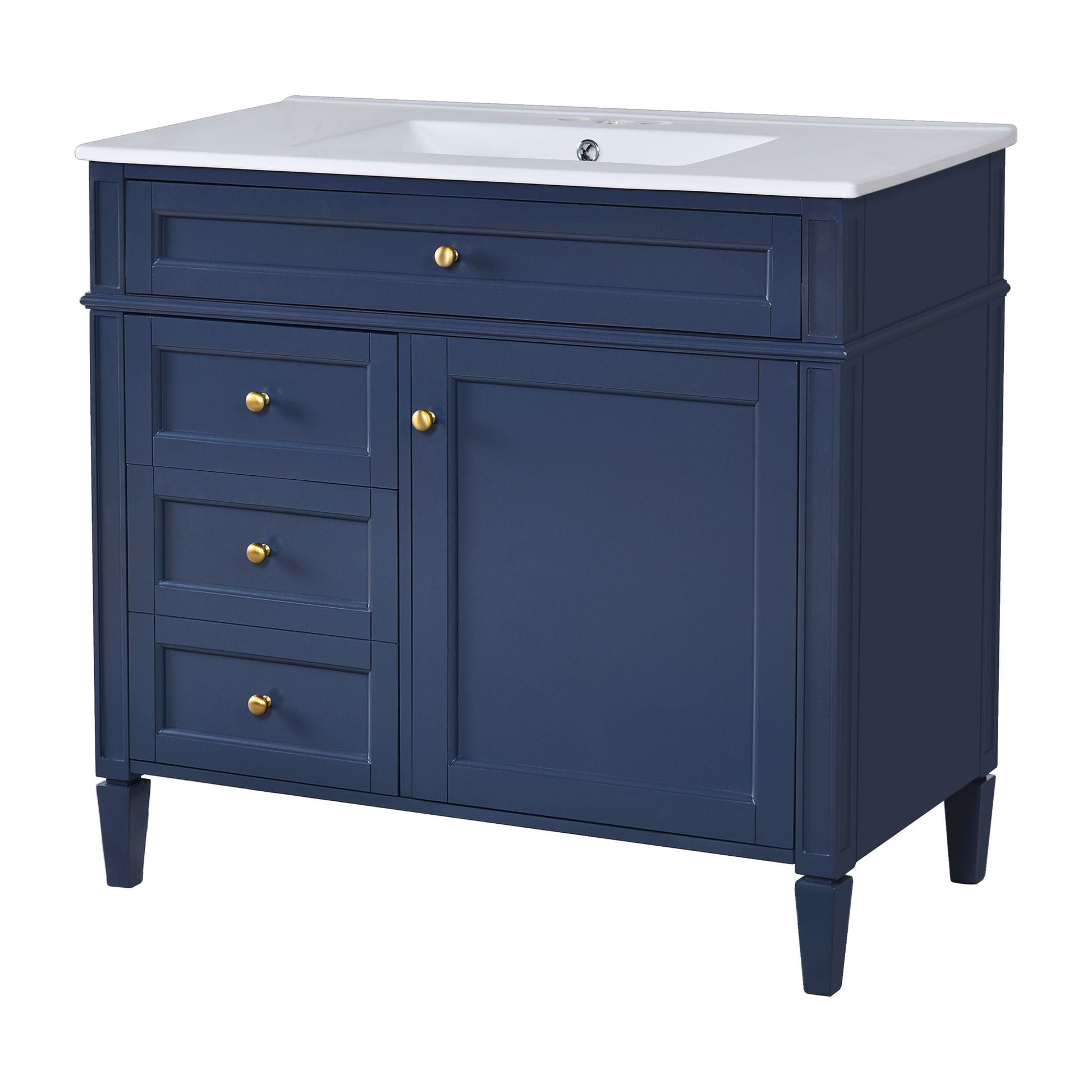 Blue bathroom vanity with sink, white countertop, two drawers and a tip-out drawer, gold knobs on Tampa Home & Garden Store
