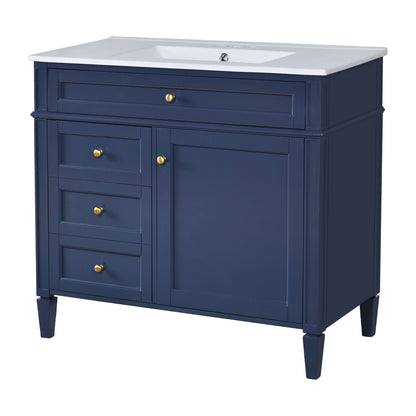 Blue bathroom vanity with sink, white countertop, two drawers and a tip-out drawer, gold knobs on Tampa Home & Garden Store
