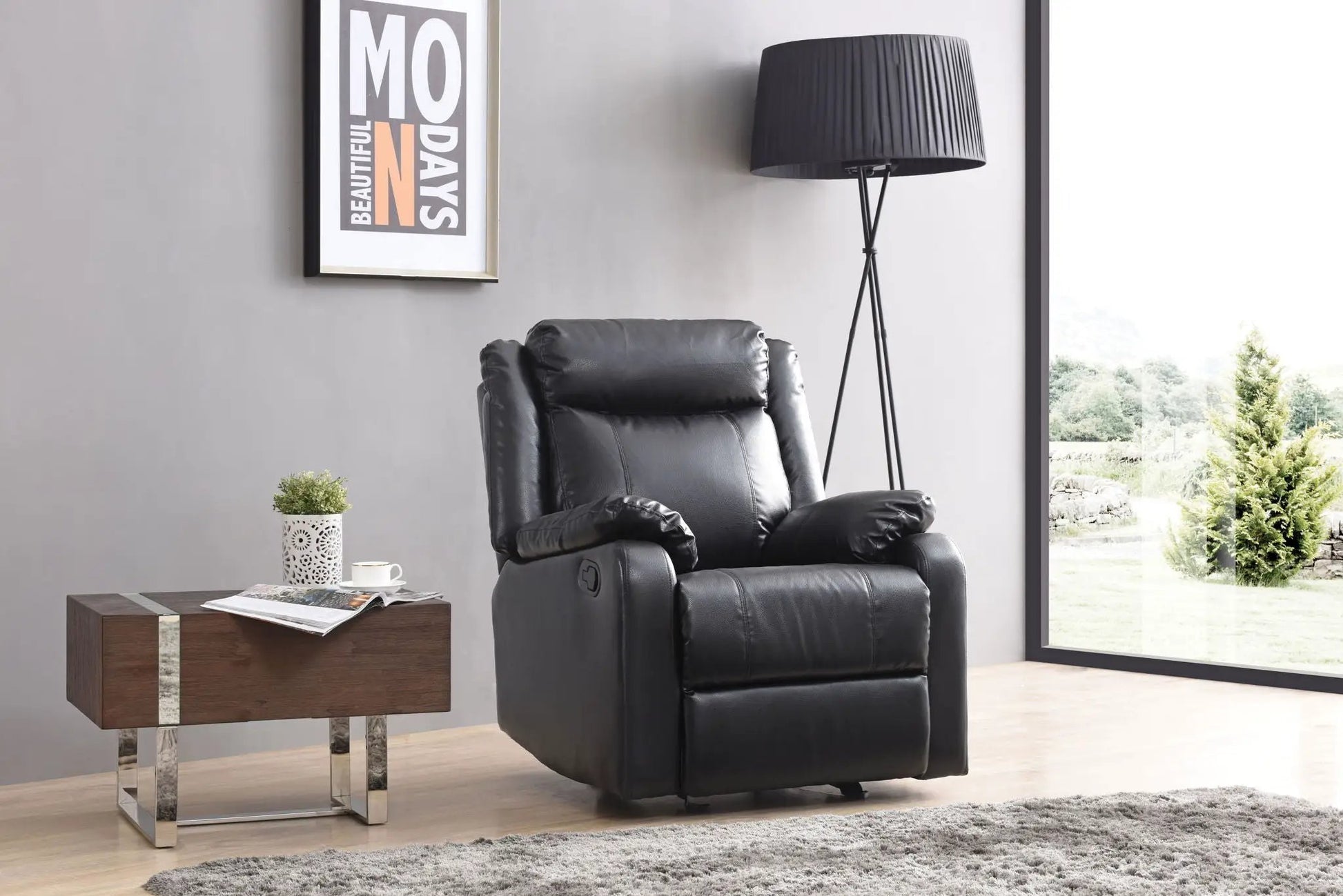 Ward - Rocker Recliner black leather by Unique Piece Furniture, modern living room setup on Tampa Home & Garden Store
