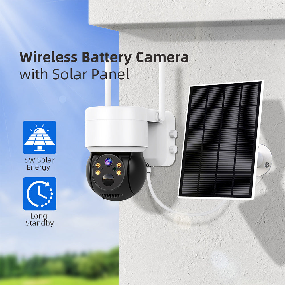 Motion Detection wireless battery surveillance camera with solar panel mounted on wall on Tampa Home & Garden Store
