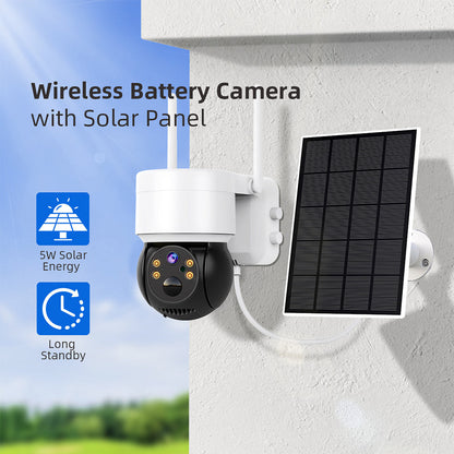 Motion Detection wireless battery surveillance camera with solar panel mounted on wall on Tampa Home & Garden Store