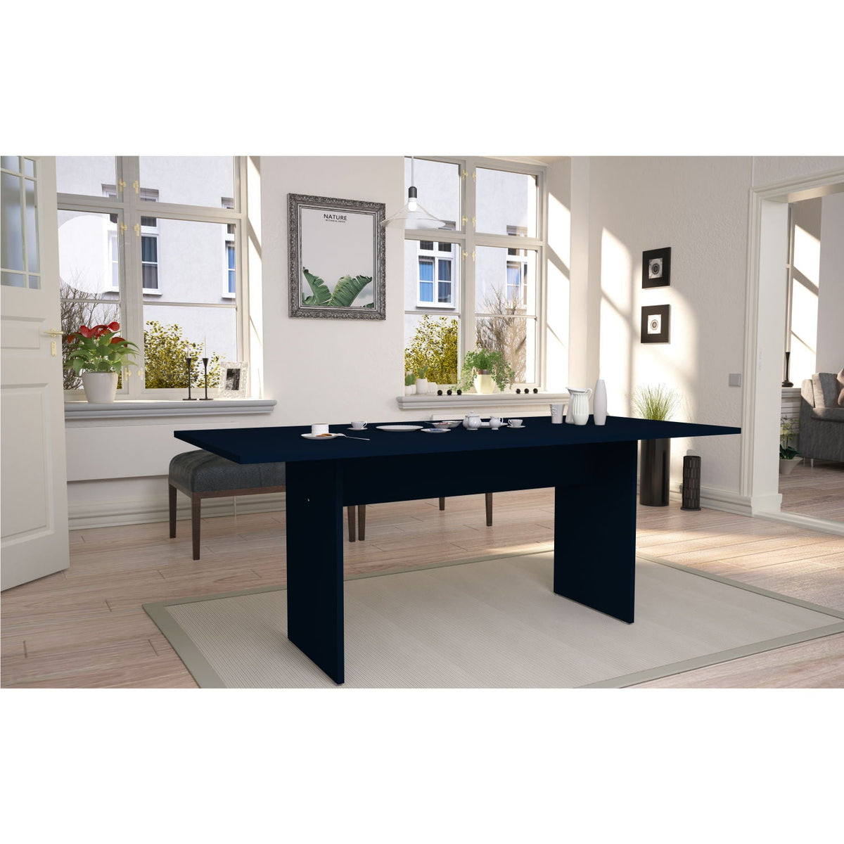 Nomad dining table navy blue with Protouch wood-grain finish in a bright dining room on Tampa Home & Garden Store