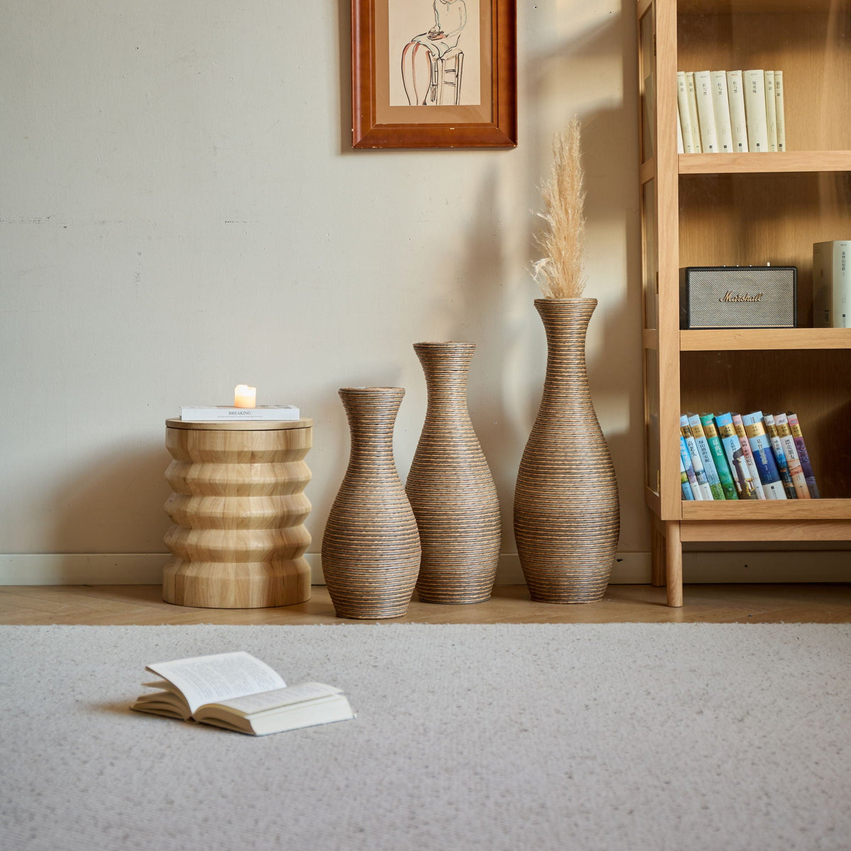 3-piece beige artificial rattan floor vase set in varying heights on Tampa Home & Garden Store