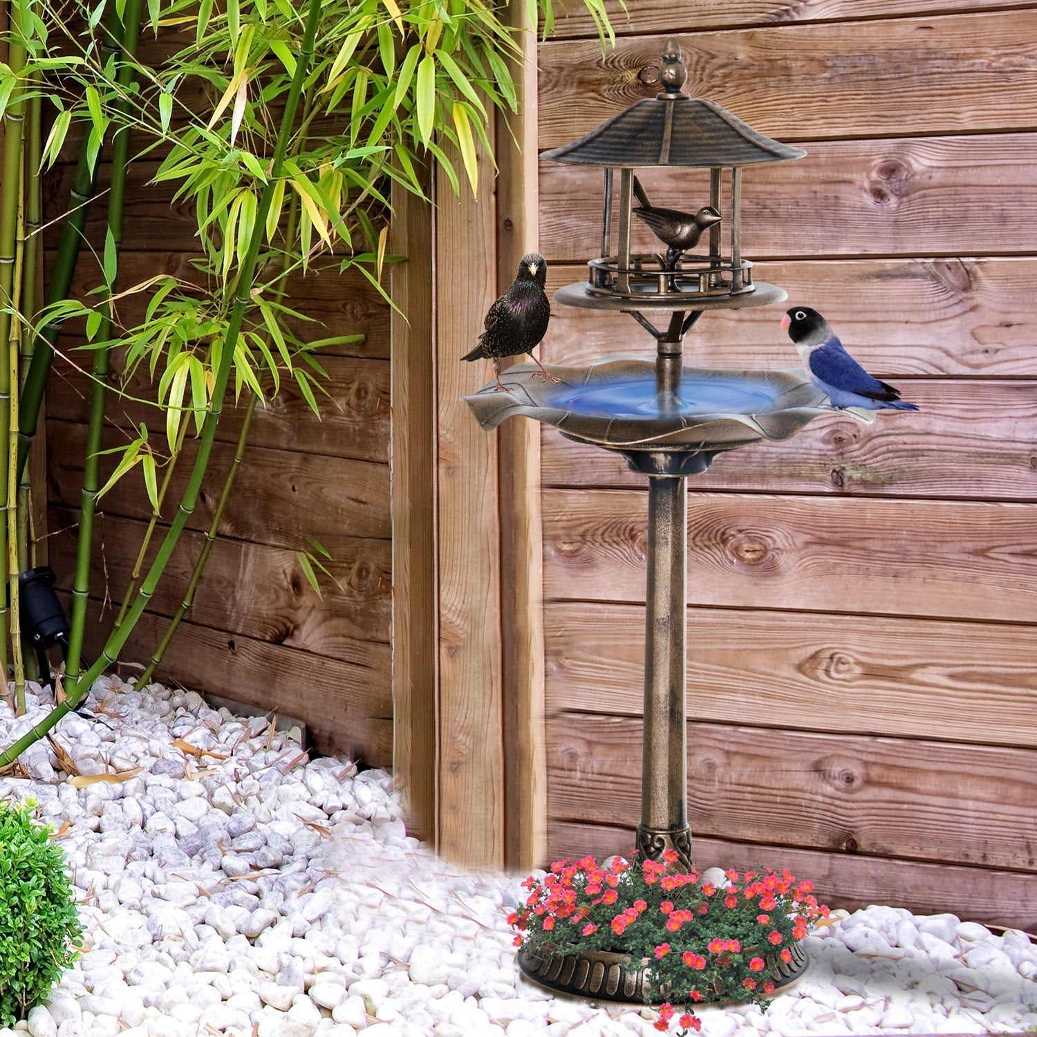 Outsunny 3-in-1 garden bird bath bowl pedestal with bird feeder and planter, bronze finish on Tampa Home & Garden Store