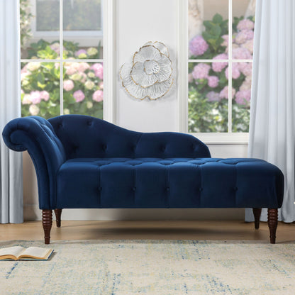 Tufted roll-arm chaise lounge in blue velvet with premium foam, tufting, turned wood legs on Tampa Home & Garden Store