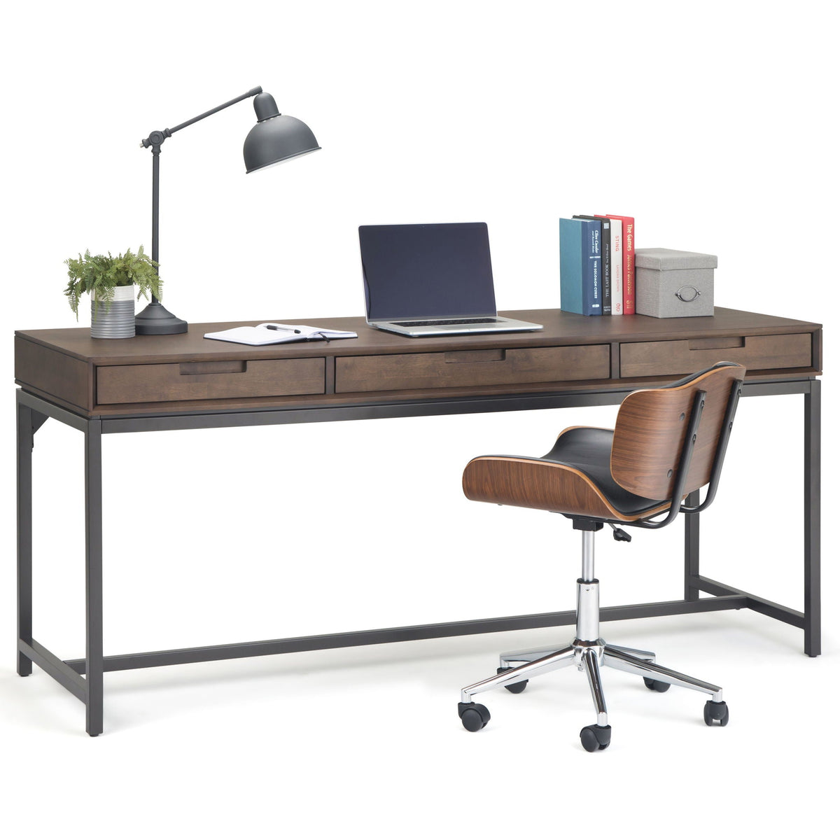 Mid Century Wide Writing Desk with 3 Drawers dark wood top black metal frame HouseOfZazla on Tampa Home & Garden Store