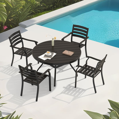 5-Piece Outdoor Patio Dining Set with 4 stackable black metal chairs on Tampa Home & Garden Store