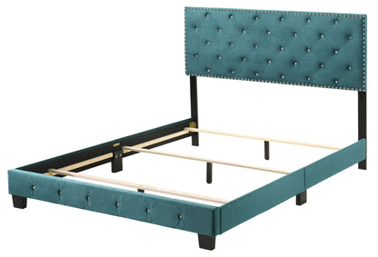 Luxurious Upholtered Bed with teal tufted headboard and nailhead trim on Tampa Home & Garden Store