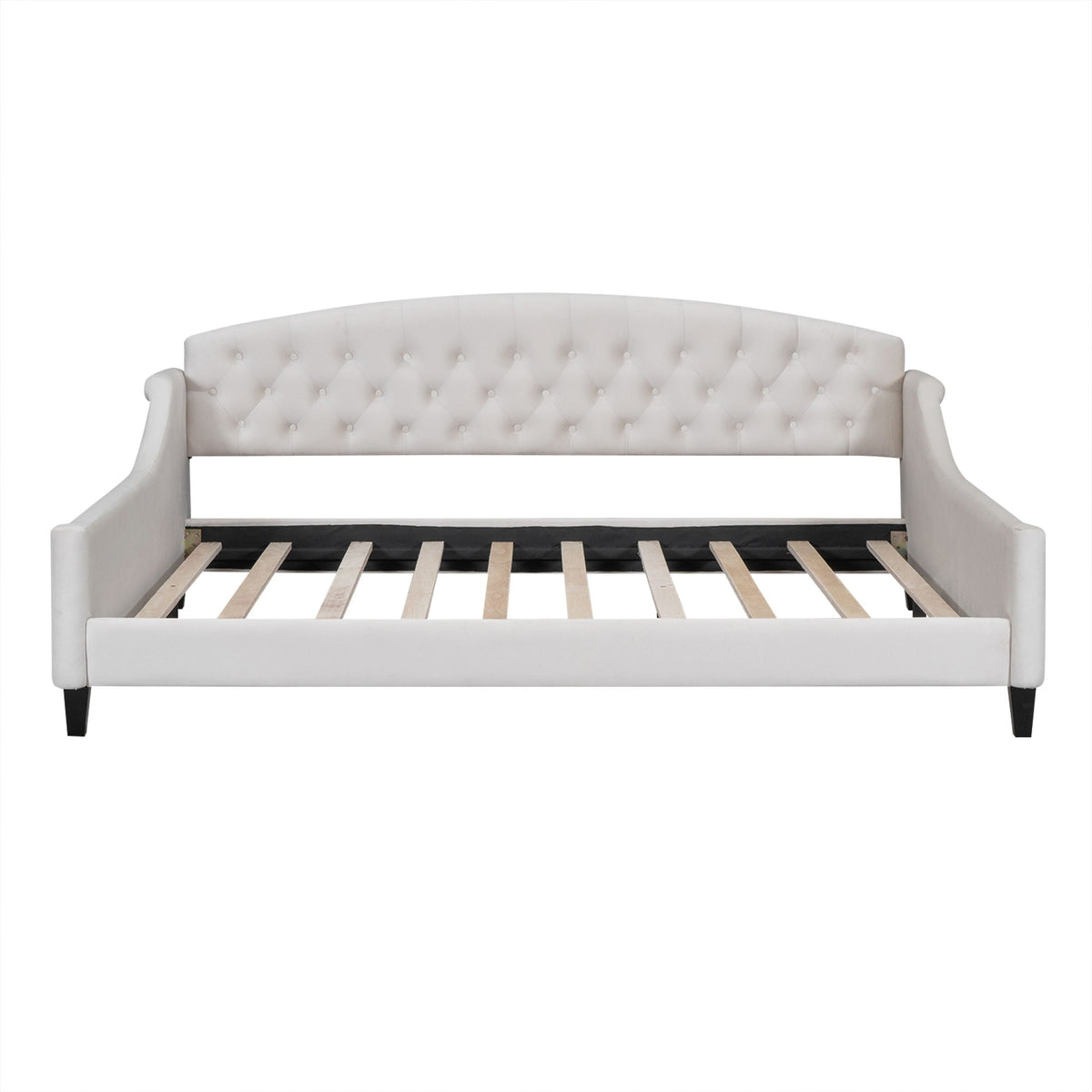 Modern tufted button daybed in white upholstery with curved arms and base by HouseOfZazla on Tampa Home & Garden Store