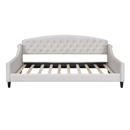 Modern tufted button daybed in white upholstery with curved arms and base by HouseOfZazla on Tampa Home & Garden Store