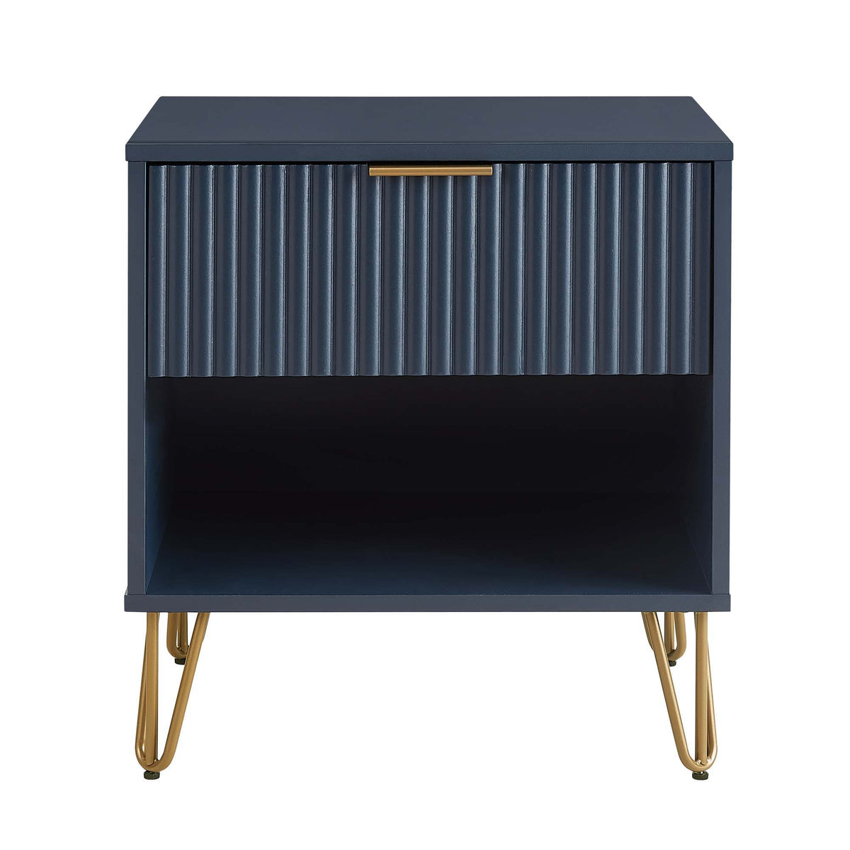 Nightstand navy blue with fluted drawer front and gold metal handle, furniture on Tampa Home & Garden Store