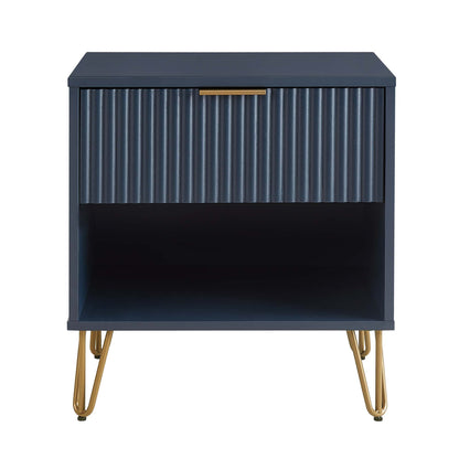 Nightstand navy blue with fluted drawer front and gold metal handle, furniture on Tampa Home & Garden Store