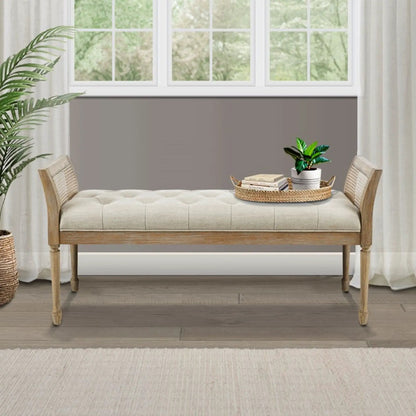 Accent bench with arm in natural beige upholstery, tufted cushion, wood frame and legs on Tampa Home & Garden Store