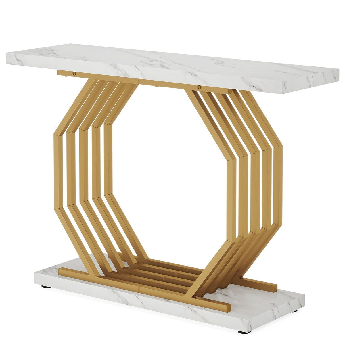 Console table with white faux marble top and gold geometric metal base by HouseOfZazla on Tampa Home & Garden Store
