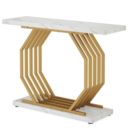 Console table with white faux marble top and gold geometric metal base by HouseOfZazla on Tampa Home & Garden Store