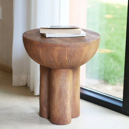 Iris Outdoor Patio Three-Legged Wood-Grain Side Table with warm brown finish on Tampa Home & Garden Store