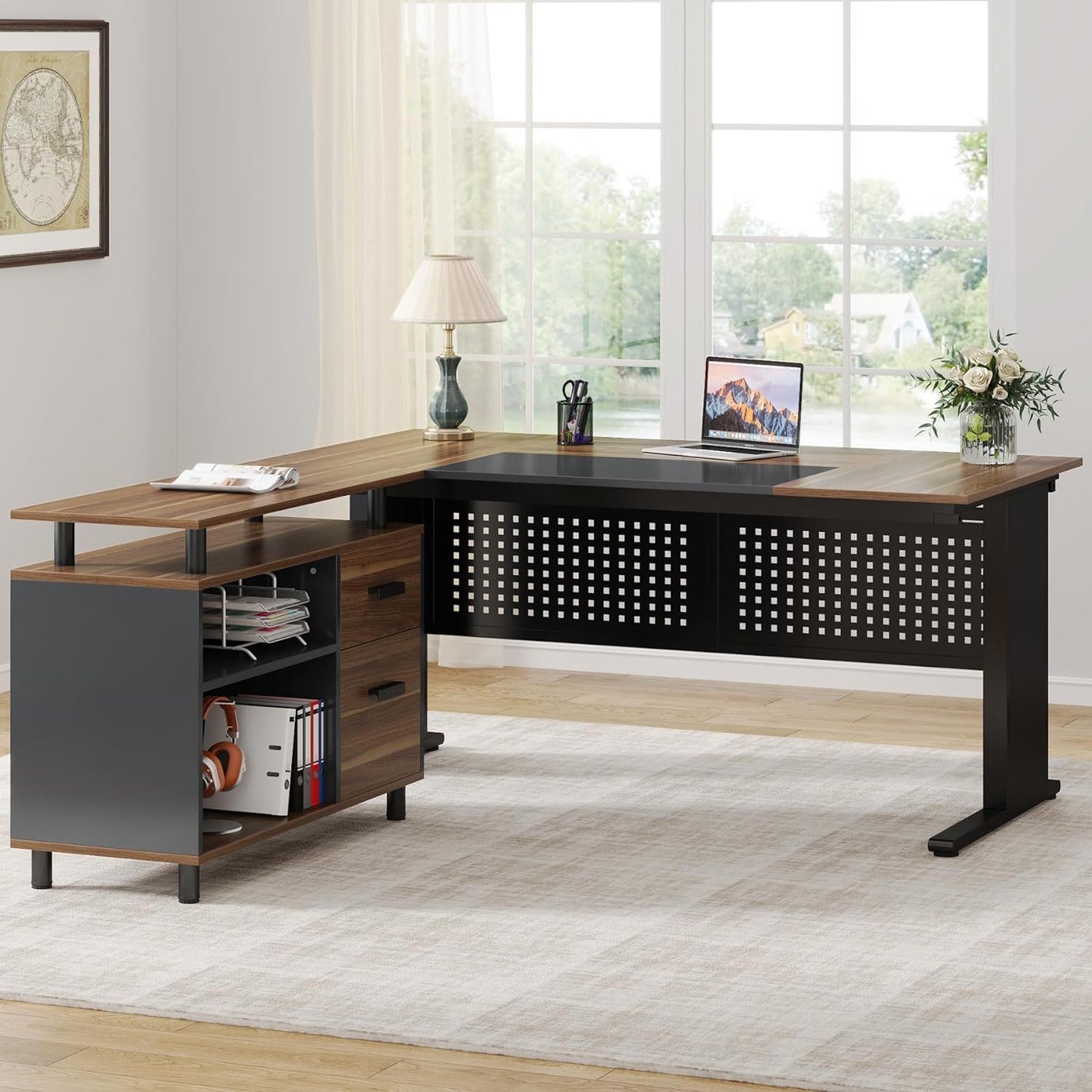 HouseOfZazla L-Shaped Executive Desk with File Cabinet corner in dark wood and black metal on Tampa Home & Garden Store