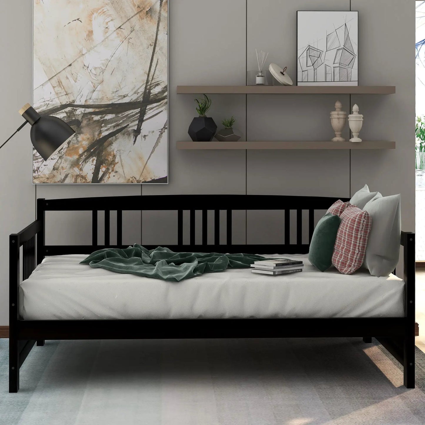 Multifunctional Modern Daybed storage bed with black metal frame and brown shelves on Tampa Home & Garden Store