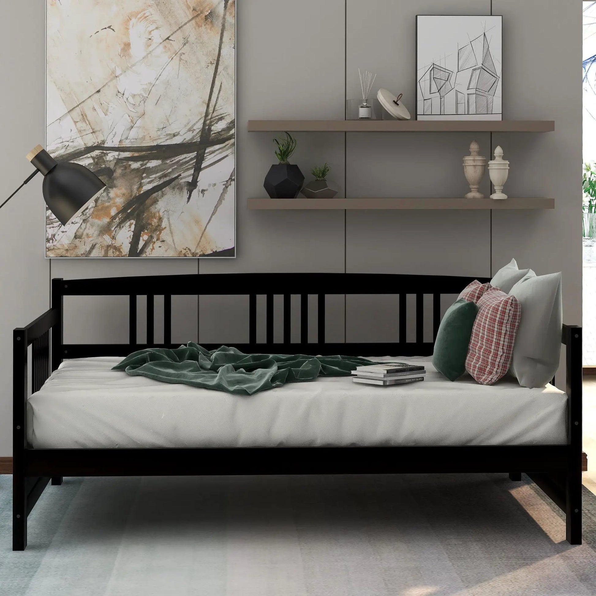 Multifunctional Modern Daybed storage bed with black metal frame and brown shelves on Tampa Home & Garden Store