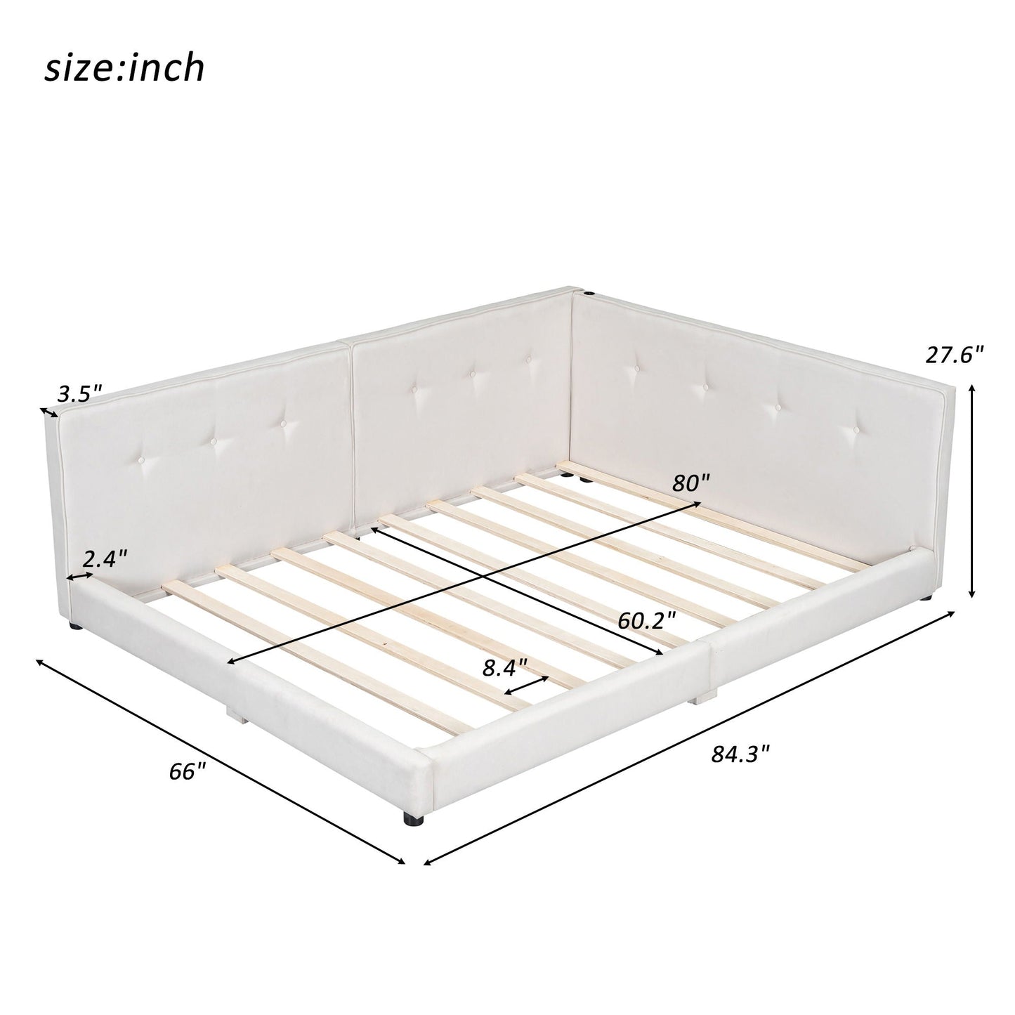 Modern upholstered platform bed with white tufted headboard and visible wood slats on Tampa Home & Garden Store