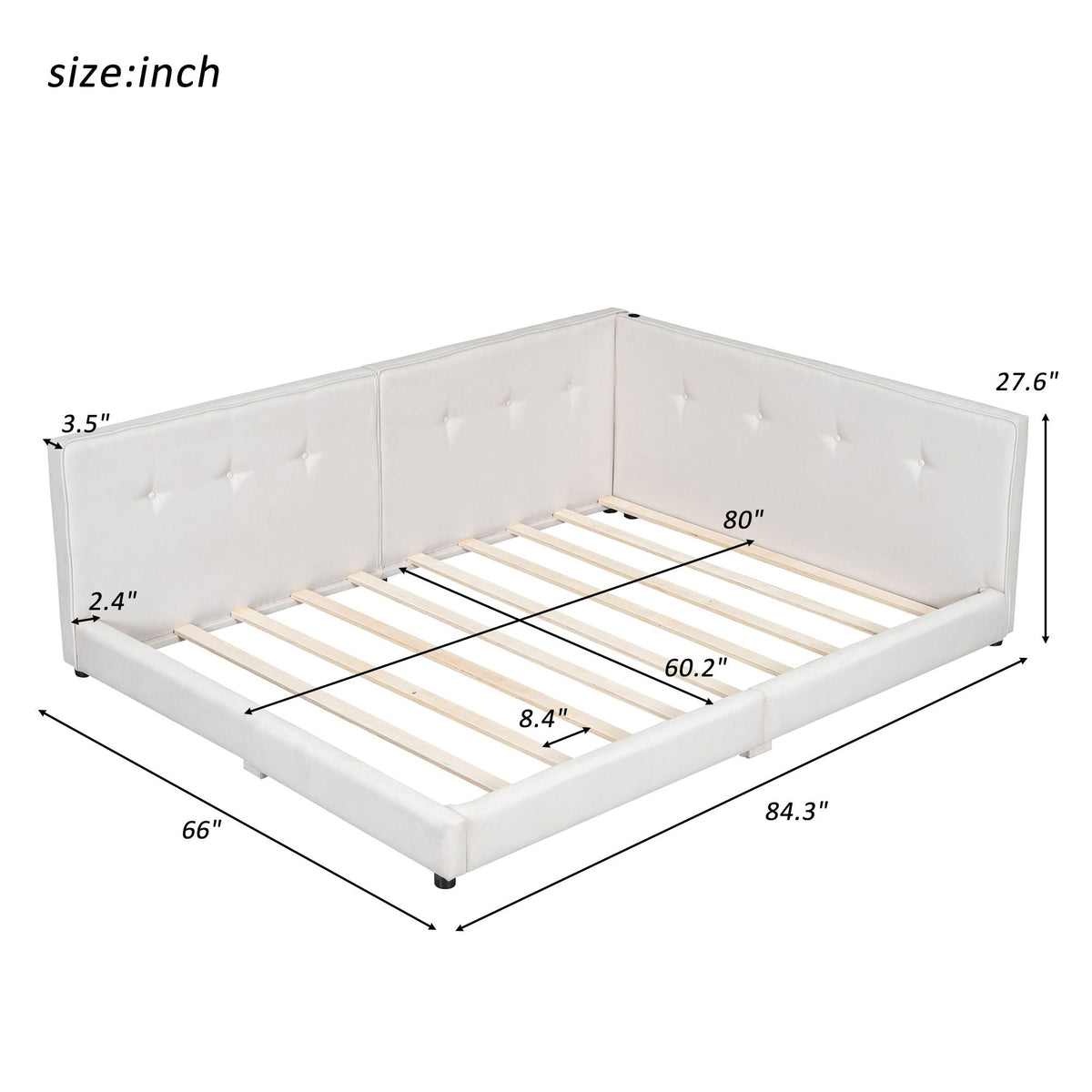 Modern upholstered platform bed with white tufted headboard and visible wood slats on Tampa Home & Garden Store