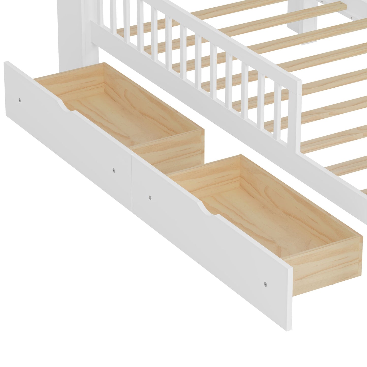 Bed with headboard storage rack in white, 2 under-bed drawers, 3 side guardrails for safety by HouseOfZazla on Tampa Home & Garden Store
